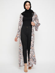 White Printed Front Open Shrug with Black Georgette Hijab