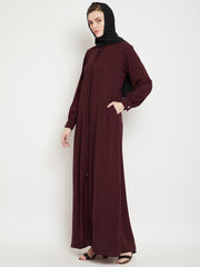 Front Open Maroon Solid Mandarin Collar Abaya Burqa With Black Hijab