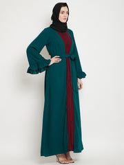 Bottle Green & Maroon Bell Sleeves Abaya for Women with Black Georgette Scarf