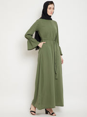 Jade Green Solid A- Line Abaya for Women with Black Georgette Scarf