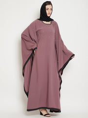 Pearl Design Puce Pink Solid Kaftan Abaya for Women with Black Georgette Hijab