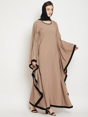 Pearl Design Beige Solid Kaftan Abaya for Women with Black Georgette Hijab
