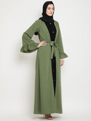 Jade Green & Black Bell Sleeves Abaya for Women with Black Georgette Scarf