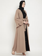 Beige & Black Bell Sleeves Abaya for Women with Black Georgette Scarf