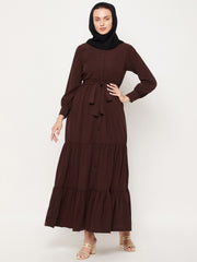 Frilled Brown Abaya Burqa For Women With Belt and Black Hijab