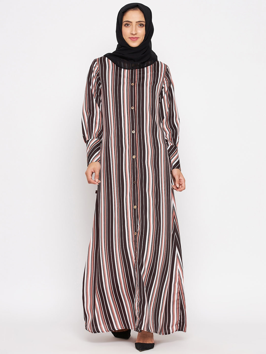 Brown Stripe Front Open Abaya for Women with Black Georgette Scarf