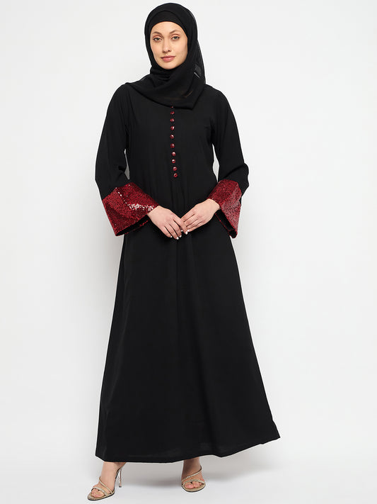 Embroidery Work Black Abaya For Women With Black Georgette Scarf