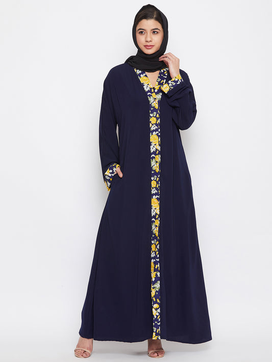 Blue Dubai Style Front Open Abaya with Black Georgette Hijab