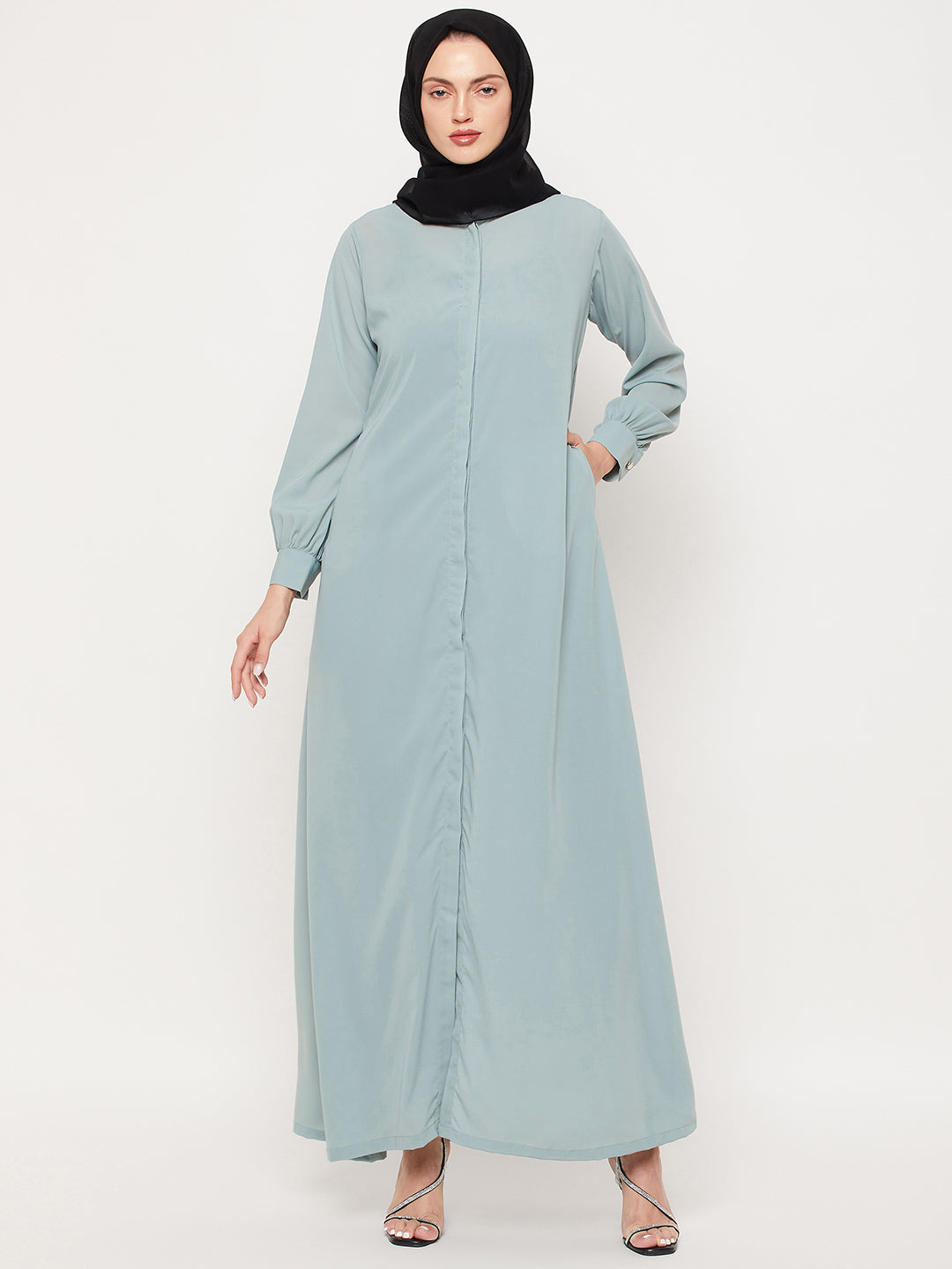 Front Open Sea Green Solid Mandarin Collar Abaya Burqa With Black Hijab