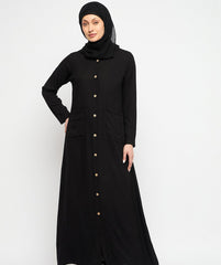 Black Rayon Front Open Abaya for Women with Black Georgette Scarf