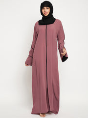 Pink A-Line Black Piping Design Abaya for Women with Black Georgette Hijab