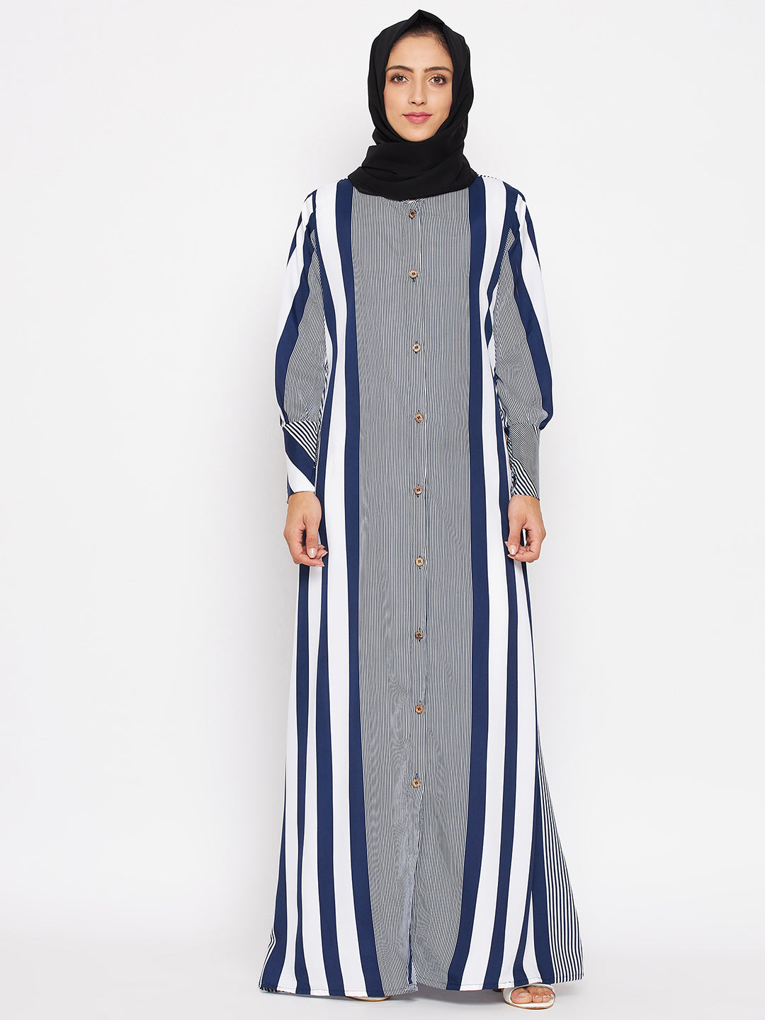 Blue Stripe Front Open Abaya for Women with Black Georgette Scarf