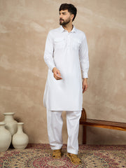 White Solid Cotton Pathani Kurta Pajama Set For Men