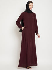 Front Open Maroon Solid Mandarin Collar Abaya Burqa With Black Hijab