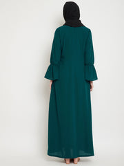 Bottle Green Solid A- Line Abaya for Women with Black Georgette Scarf
