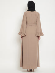 Beige & Black Bell Sleeves Abaya for Women with Black Georgette Scarf