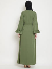 Jade Green & Black Bell Sleeves Abaya for Women with Black Georgette Scarf