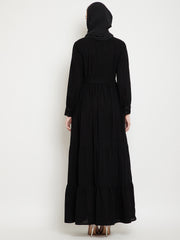 Frilled Black Abaya Burqa For Women With Belt and Black Hijab