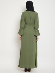 Jade Green Solid A- Line Abaya for Women with Black Georgette Scarf