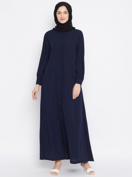 Front Open Blue Solid Mandarin Collar Abaya Burqa With Black Hijab