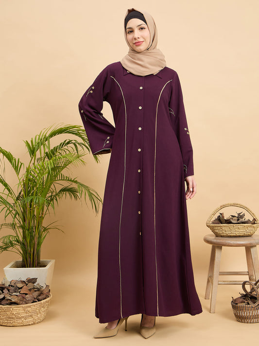 Front Open Modest Luxury Purple Abaya with Beige Hijab