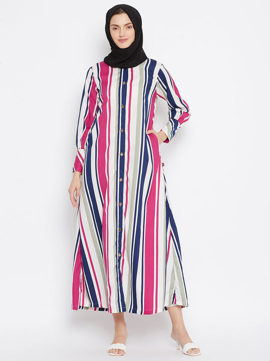 Pink Stripe Front Open Abaya for Women with Black Georgette Scarf