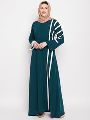 A-Line Piping Design Bottle Green Abaya for Women with Black Georgette Hijab