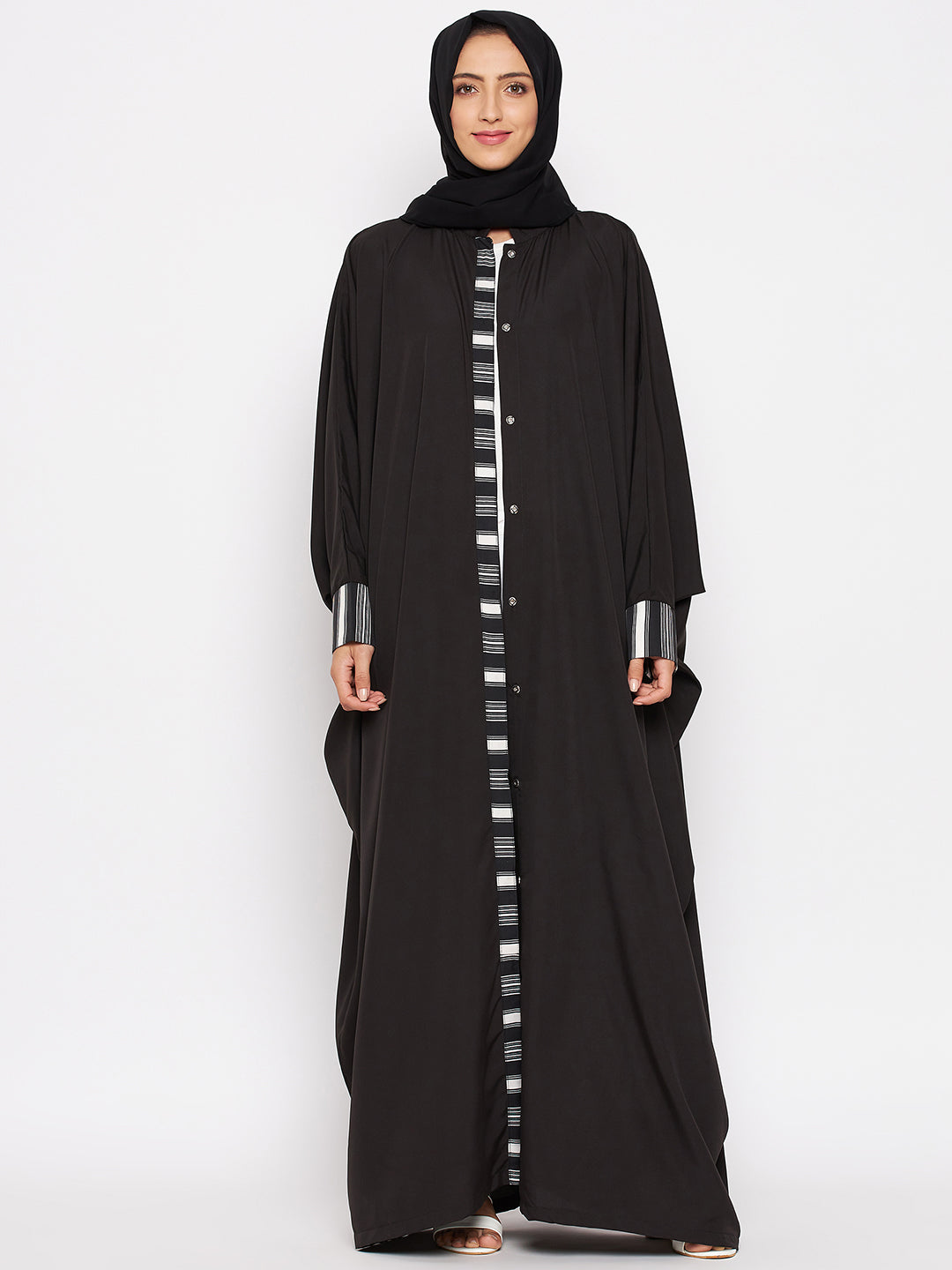Front Open Black Solid Kaftan Abaya for Women with Black Georgette Hijab