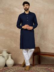 Blue Solid Cotton Kurta and White Pajama Set For Men