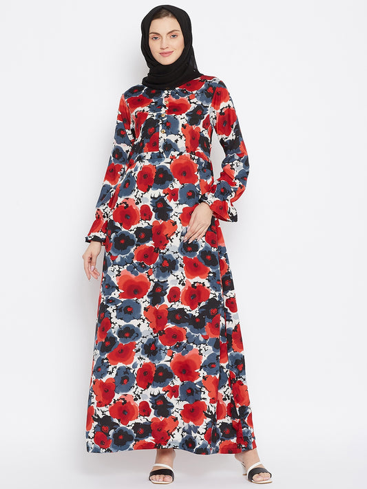 Red Floral Printed Crepe Abaya Dress with Black Georgette Hijab