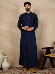 Men's Blue Solid Thread Detailing Cotton Arabic Jubba / Thobe