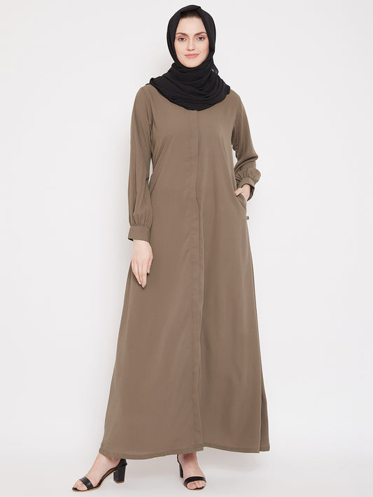 Front Open Oat Solid Mandarin Collar Abaya Burqa With Black Hijab