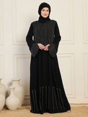 Women's Black Solid Hand Work Detailing Luxury Abaya Burqa With Black Georgette Hijab