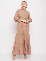 Frilled Beige Abaya Burqa For Women With Belt and Black Hijab