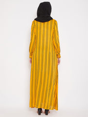 Yellow Striped Rayon Front Open Abaya with Black Georgette Hijab
