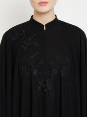 Black Chikan Hand Embroidered Irani Kaftan Abaya for Women with Black Georgette Hijab