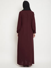 Front Open Maroon Solid Mandarin Collar Abaya Burqa With Black Hijab