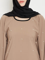 Pearl Design Beige Solid Kaftan Abaya for Women with Black Georgette Hijab