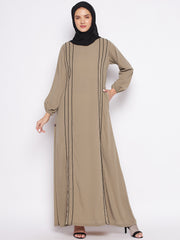 Beige A-Line Abaya with Both Side Black Piping for Women with Black Georgette Hijab