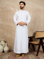 White Solid Mandarin Arabic Cotton Thobe For Men with Piping Detailing