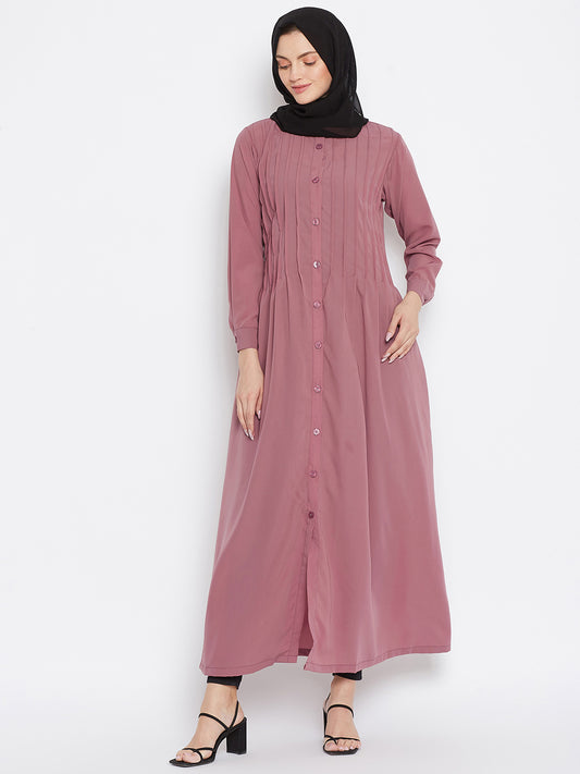 Solid Pink Front Open Plat Design Abaya with Black Georgette Hijab