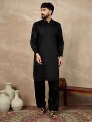 Black Solid Cotton Pathani Kurta Pajama Set For Men