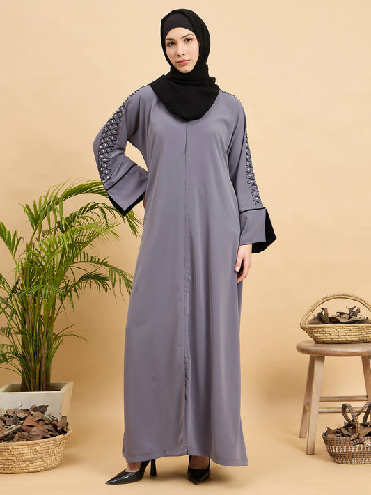 Luxury Hand worked Modest Grey Abaya Burqa with Black Hijab
