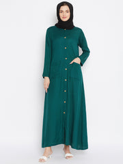 Bottle Green Rayon Front Open Abaya for Women with Black Georgette Scarf