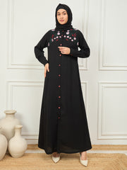 Front Open Embroidery Detailing Black Abaya Burqa With Matching Georgette Hijab