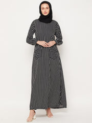 Black Striped Abaya for Women with Black Georgette Hijab