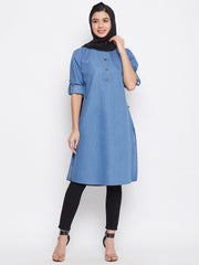 Blue Denim Cotton Solid Tunic Abaya for Women with Black Stole