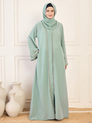 Sea Green Front Open Solid Hand Work Detailing Luxury Abaya Burqa For Women With Matching Hijab