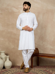 Men's Solid White Cotton Kurta with Mandarin Collar