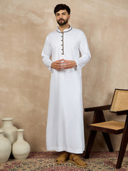 White Solid Cotton Mandarin Collar Arabic Thobe with Grey Piping Design For Men